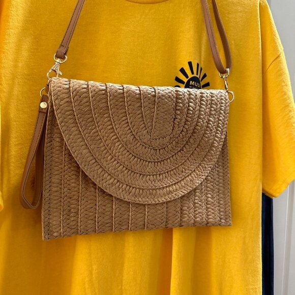 Neiman Marcus Handwoven Khaki Flap Beach Bag with Convertible Strap - Picture 2 of 5